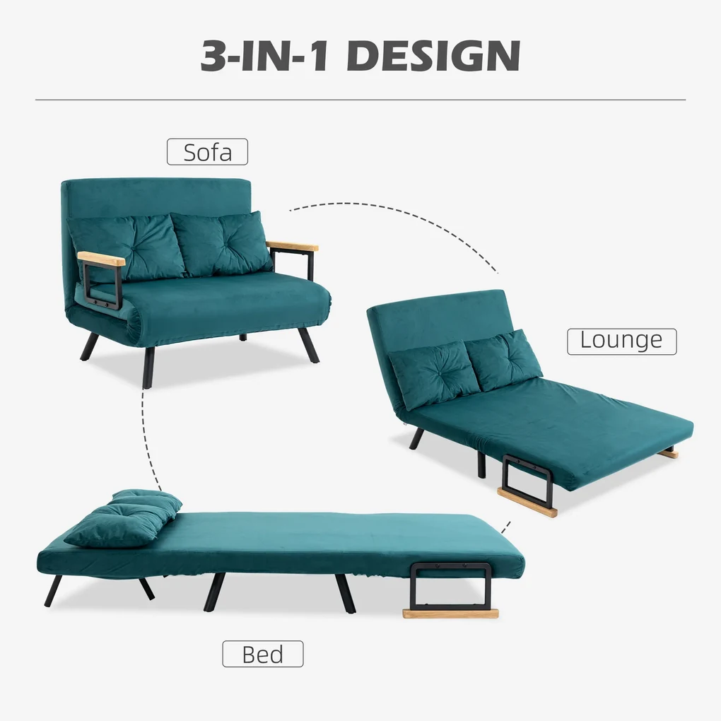 HOMCOM Canapea Dubla Extensibila 3 in 1 Catifea cu Spatar Reglabil pe 5 Niveluri si Perne Capitonate, Verde marin | Aosom Romania