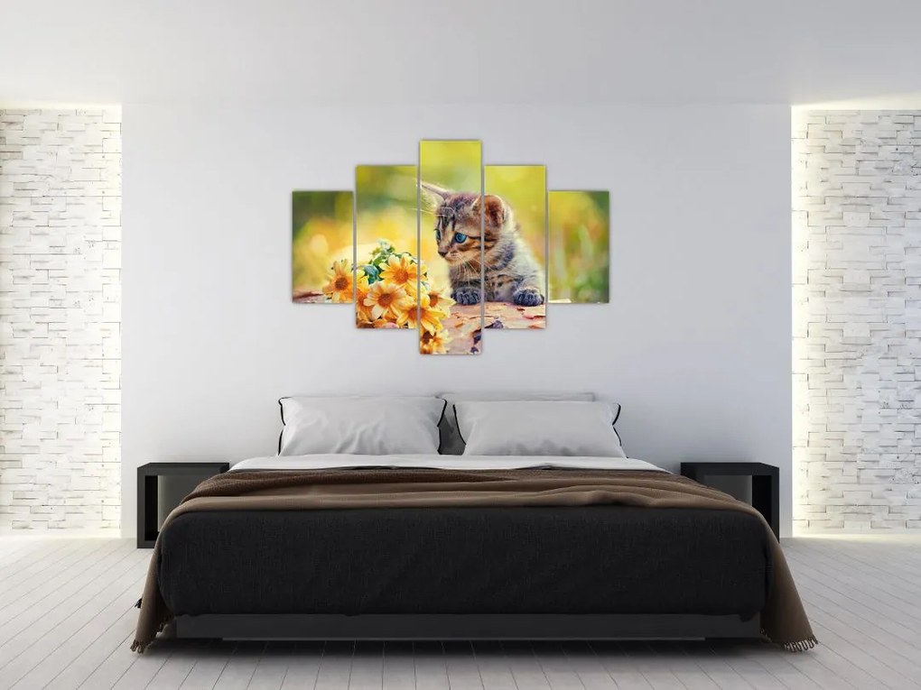 Tablou cu pisicuța uitându-se la floare (150x105 cm)