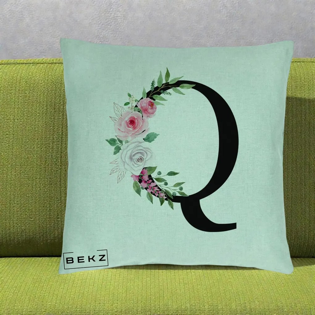 Cadou Personalizat - Perna Personalizata Monograma Florala Litera Q, 40x40 cm, Verde Menta, Husa Detasabila, Perna Inclusa, BEKZ®