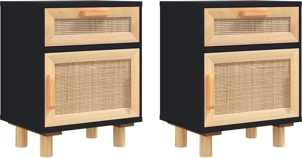 vidaXL Noptiere, 2 buc., alb, lemn masiv de pin și ratan natural