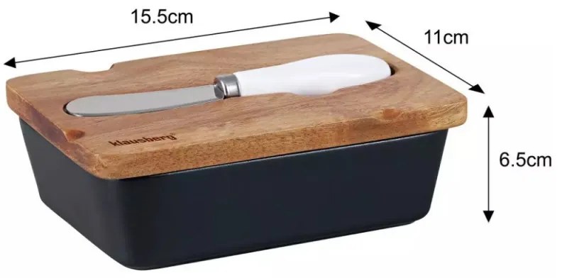 Cutie ceramica si cutit pentru unt Klausberg KB 7784, Capac lemn de salcam, Negru/maro