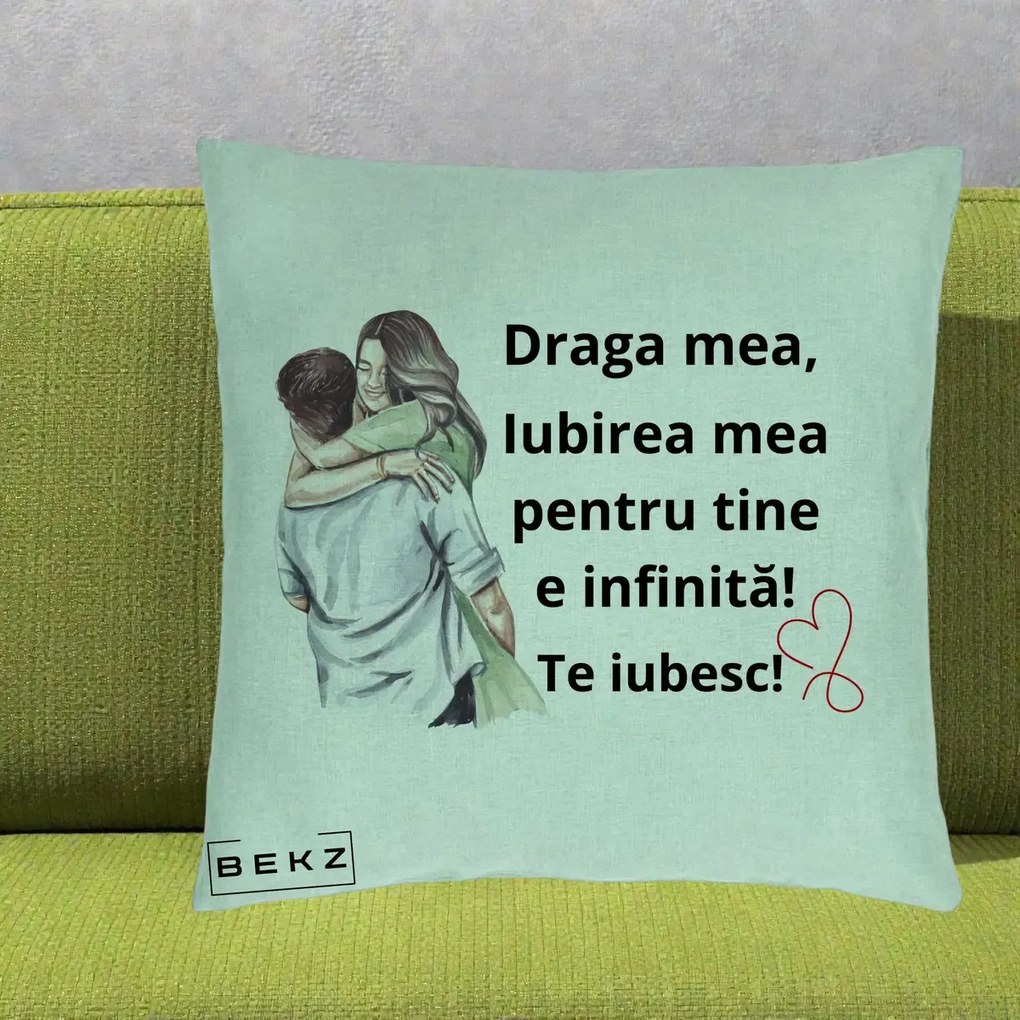 Cadou pentru Iubita - Perna Personalizata Draga Mea Iubirea Mea Infinita Te Iubesc cu Cuplu Acuarela, 40x40 cm, Verde Menta, Husa Detasabila, Perna Inclusa, BEKZ®