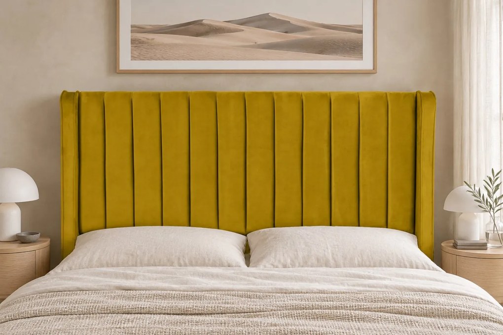 Pat tapițat din catifea Aurelia Simple 140×200 cm, galben muștar, cu ladă de depozitare
