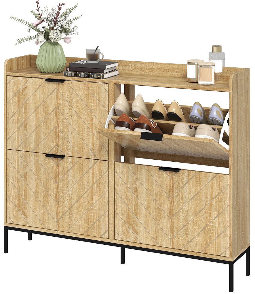 HOMCOM Mobila de pantofi 16 perechi cu 4 sertare, uși rabatabile, rafturi reglabile, 110 x 23,5 x 95,5 cm, stejar | Aosom Romania
