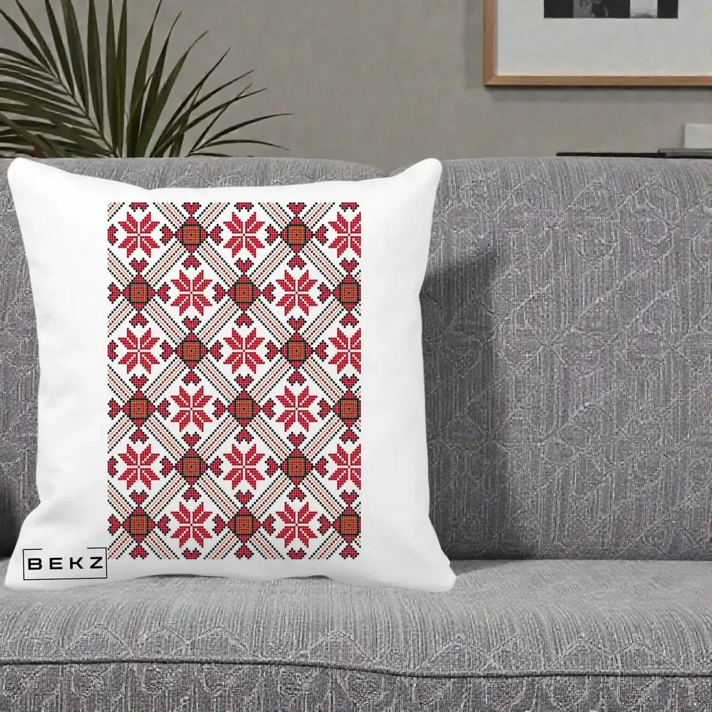 Perna Personalizata Motiv Traditional Ie Romaneasca Rosu, 40x40 cm, Alba Mata, Husa Detasabila, Perna Inclusa, BEKZ®