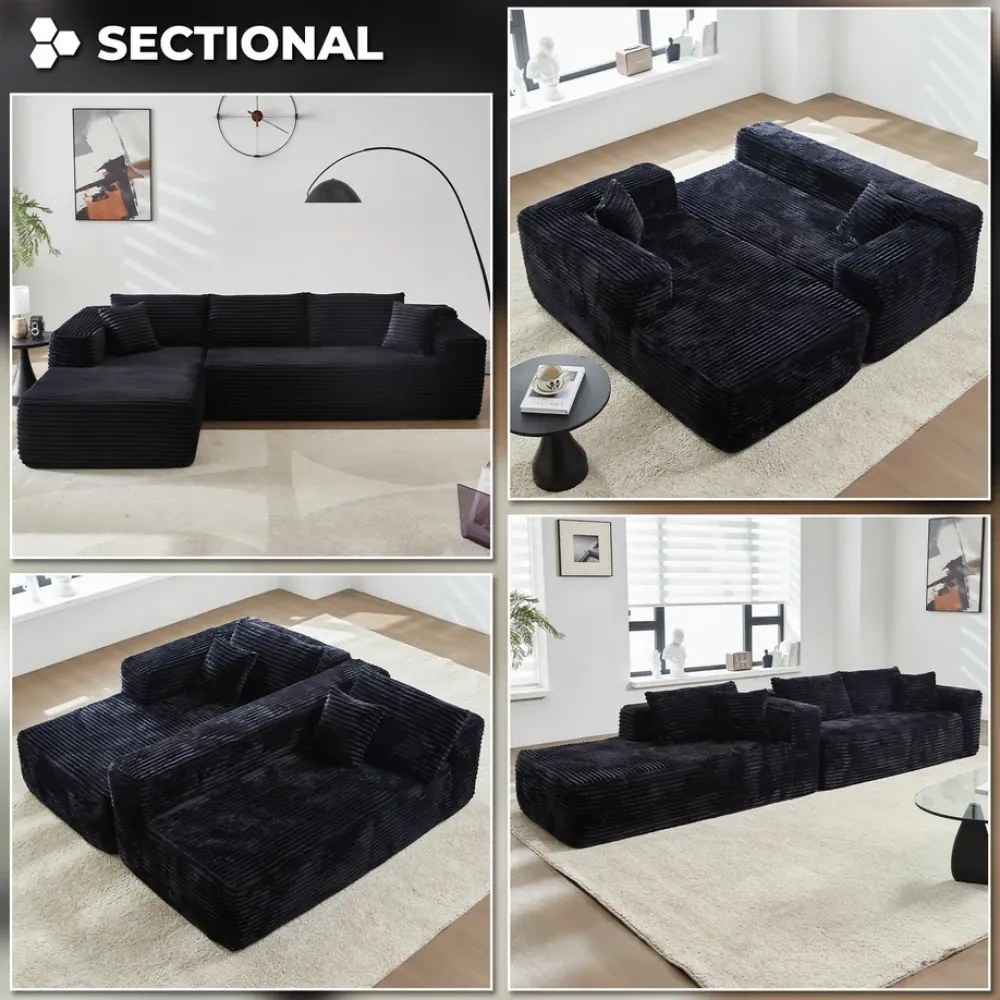 Canapea modulară în formă de L, din spumă de înaltă densitate, fără asamblare, țesătură din velur, șezlong pe Stanga, Negru
