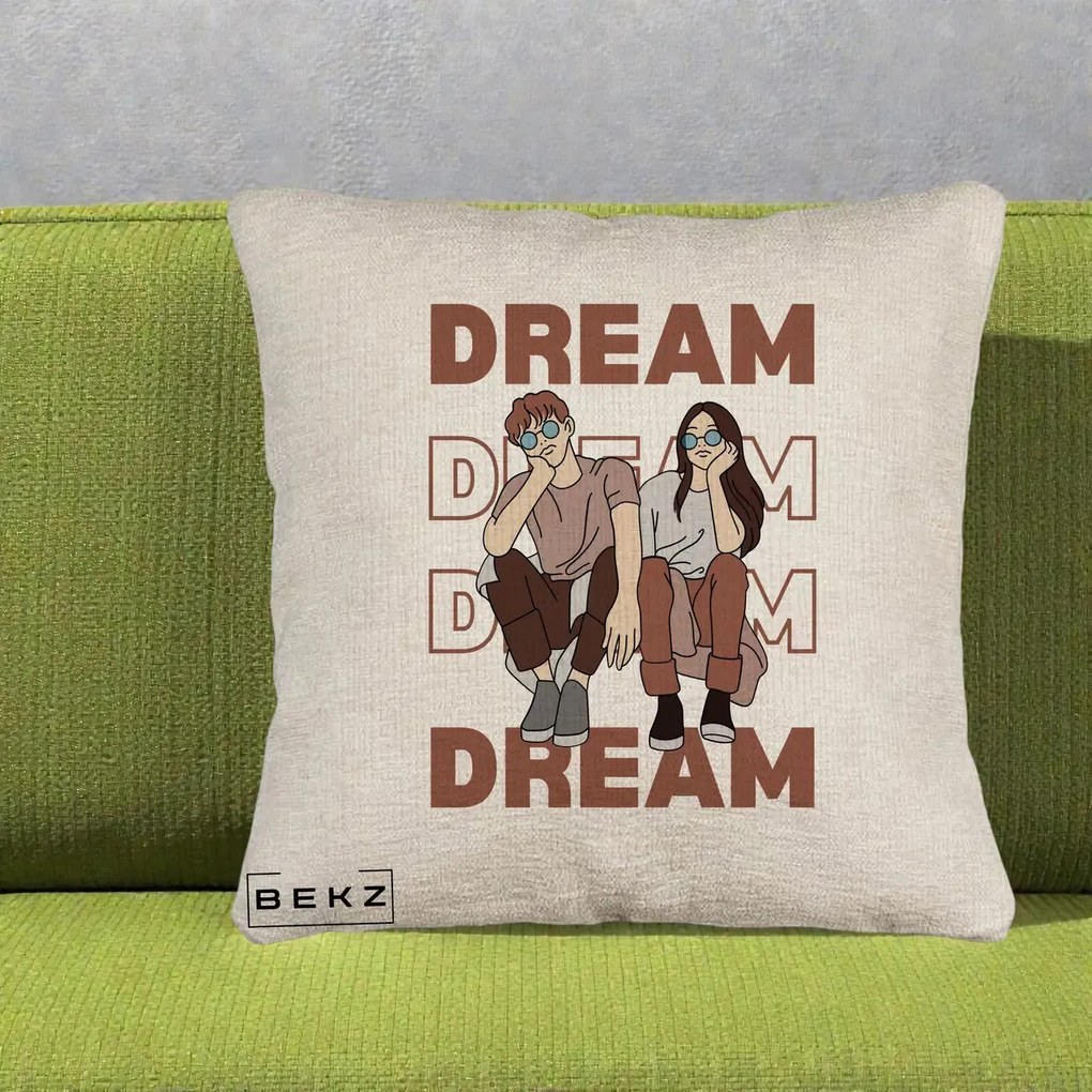 Perna Decorativa Dream Couple Aesthetic, 40x40 cm, Bej Canapea, Husa Detasabila, Perna Inclusa, BEKZ®