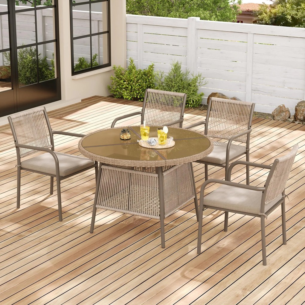 Set mobilier de grădină modern, 5 piese, masă rotundă cu blat din sticlă securizată, 4 scaune cu brațe cu spătar din sfoară, Maro