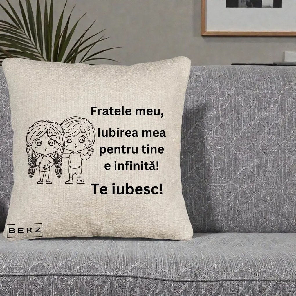 Cadou pentru Frate - Perna Personalizata Fratele Meu Te Iubesc Copii Anime Line Art Negru, 40x40 cm, Bej Canapea, Husa Detasabila, Perna Inclusa, BEKZ®