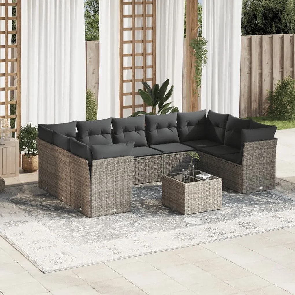 vidaXL Set mobilier de grădină cu perne, 10 piese, gri, poliratan