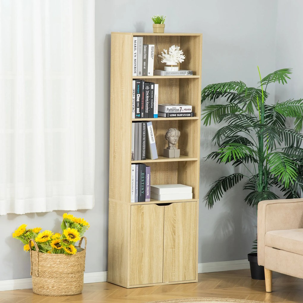 HOMCOM Bibliotecă Dulap de cărți cu 4 compartimente deschise și 2 uși pentru sufragerie și birou 59x29x180 cm Lemn natural | Aosom Romania