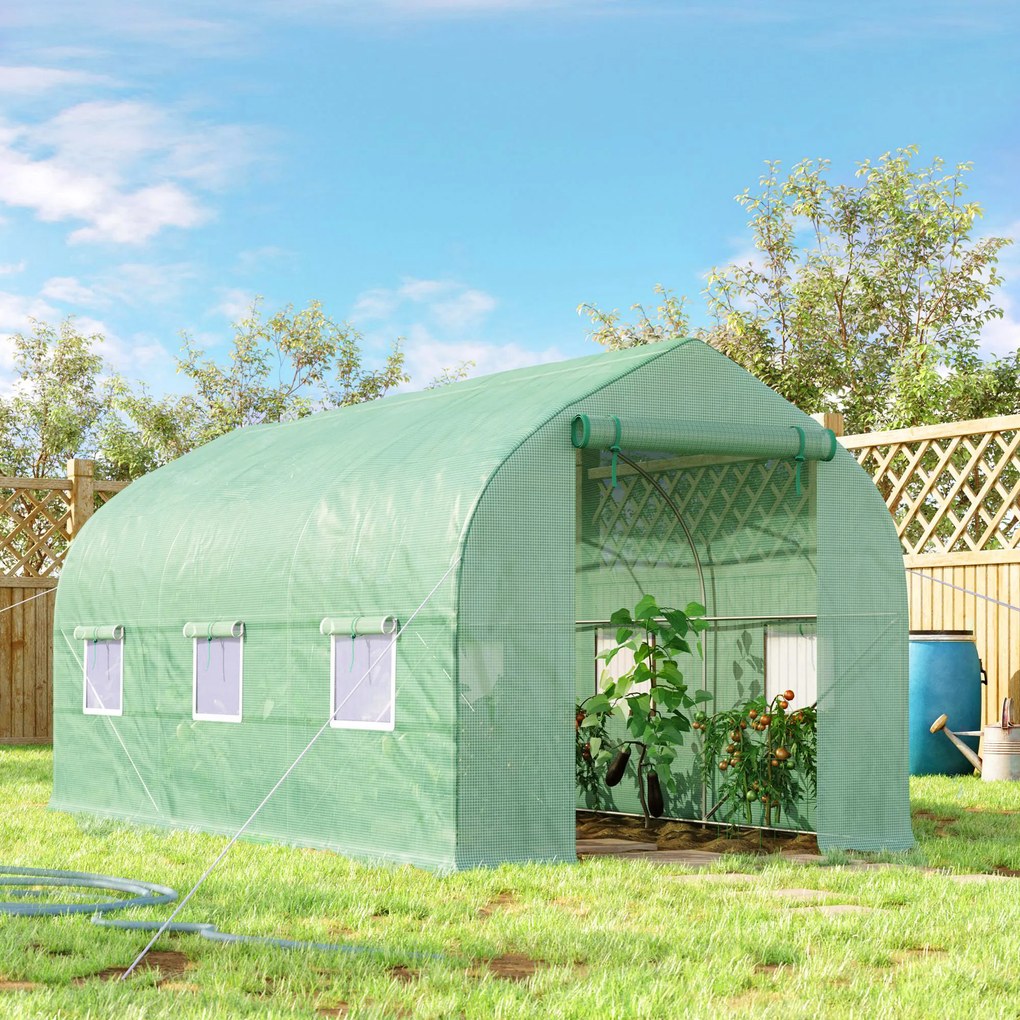Seră Outsunny de Grădină de Tip Tunel 4x2x2 m cu Uși Rulabile și 6 Ferestre, Seră pentru Grădină cu Acoperiș înclinat, Structură din Metal și Acoperiș PE, pentru Grădinărit legume flori fructe, Verde | Aosom Romania