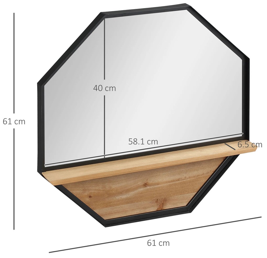 HOMCOM Oglinda de perete octogonala 61x61cm cu raft de depozitare din lemn | Aosom Romania