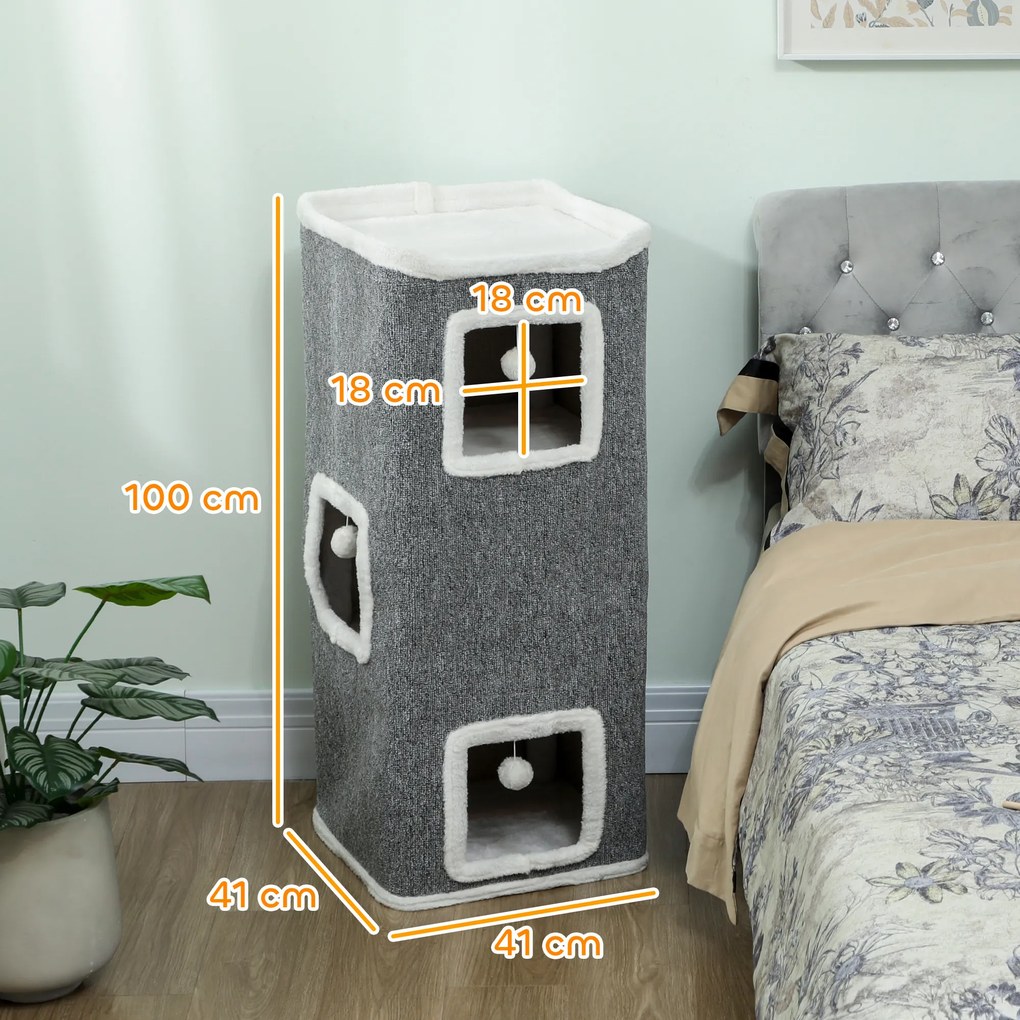 PawHut Ansamblu de joacă pentru Pisici cu 4 Nivele, 3 Bile de Jucărie din PAL, Textil și Pluș, 41x41x100 cm, Gri și Alb | Aosom Romania