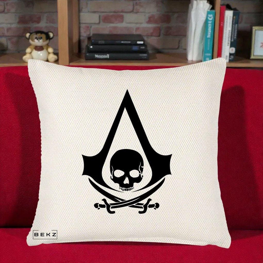 Perna Personalizata Assassin's Creed Black Flag Skull, 40x40 cm, Crem Reliefat, Husa Detasabila, Perna Inclusa, BEKZ®