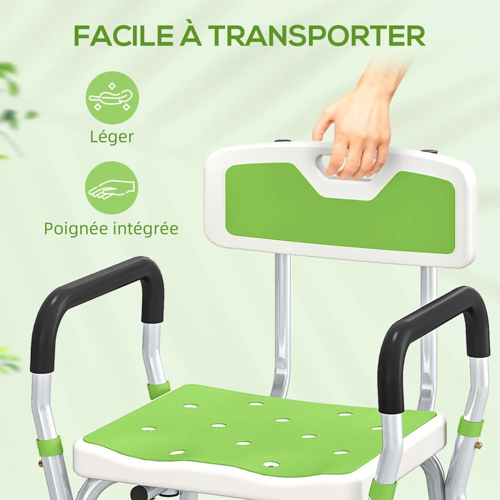 HOMCOM Taburet scaun de duș ergonomic înălțime reglabilă picioare antiderapante 56,5 x 53,5 x 87 cm blanc et vert | Aosom Romania