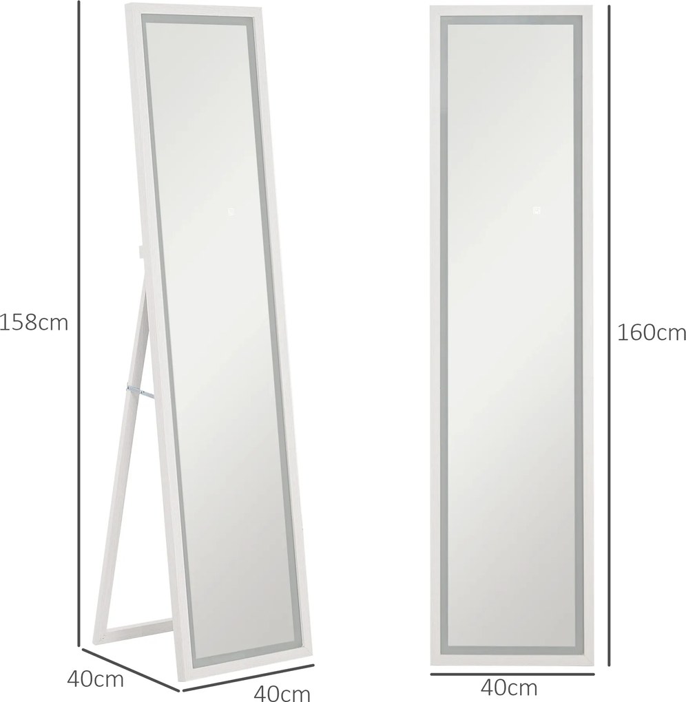 HOMCOM Oglindă Iluminată cu Lumini LED Reglabile și Buton Tactil, din Sticlă și MDF, 40x5x160 cm, Alb | Aosom Romania