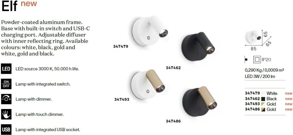 Aplica cu reader LED directionabil USB-C ELF AP ORO+NERO