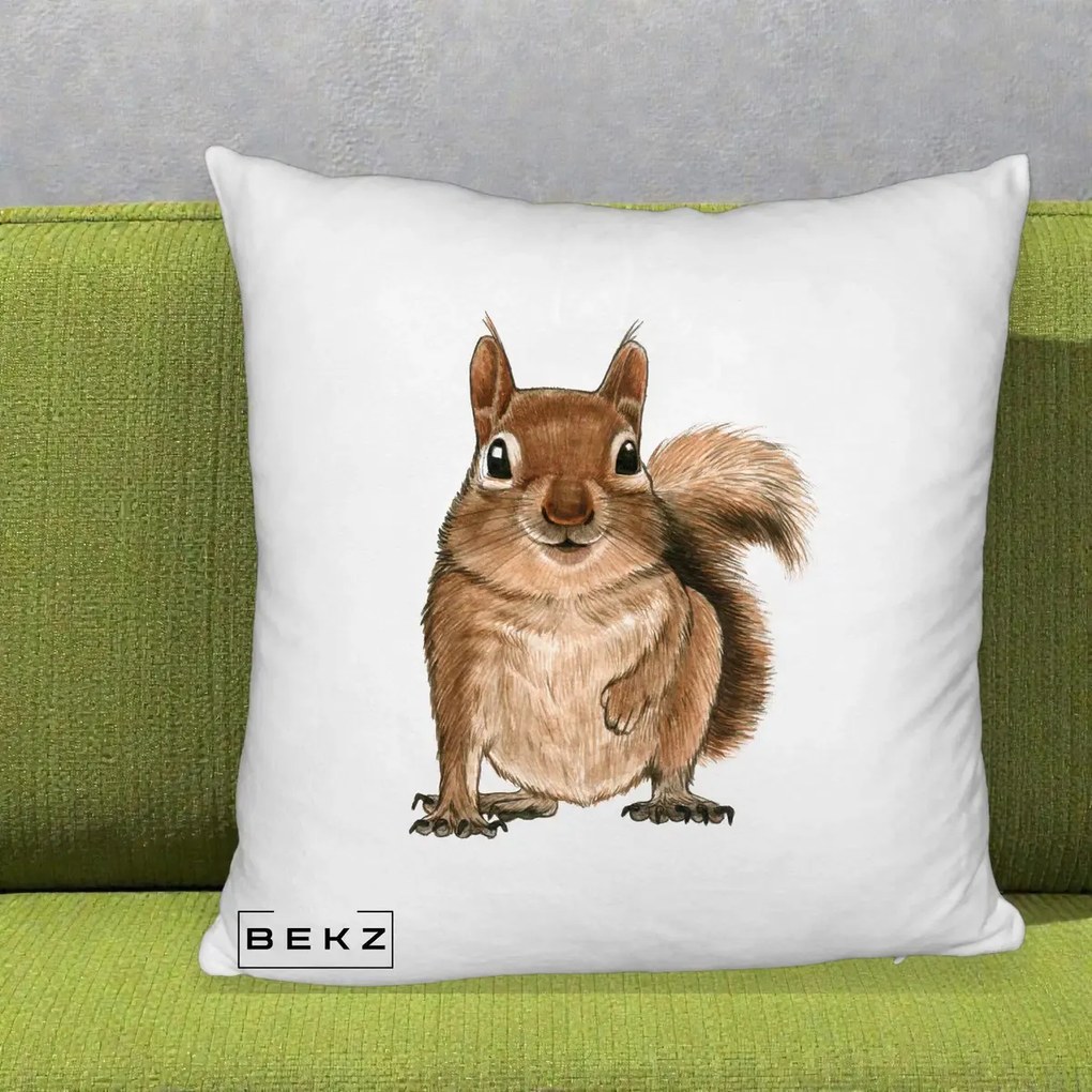 Perna Decorativa Veverita Acuarela, 40x40 cm, Alb Pufos, Husa Detasabila, Perna Inclusa, BEKZ®