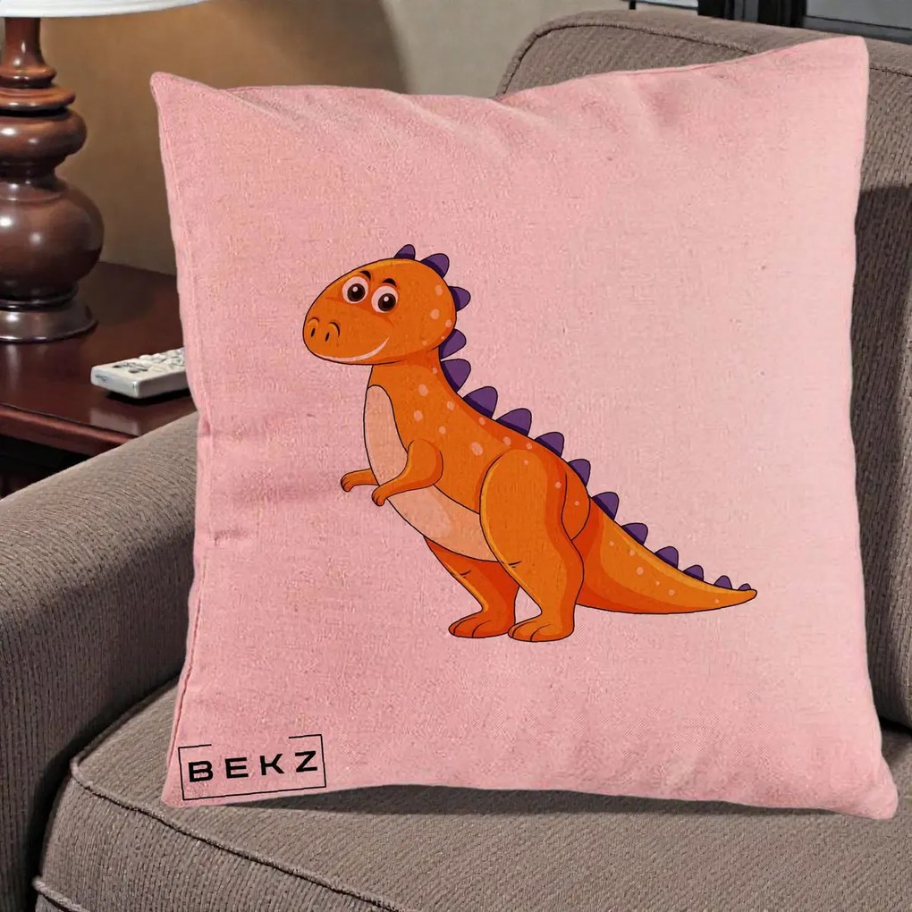 Perna Decorativa T-Rex Portocaliu, 40x40 cm, Roz, Husa Detasabila, Perna Inclusa, BEKZ®