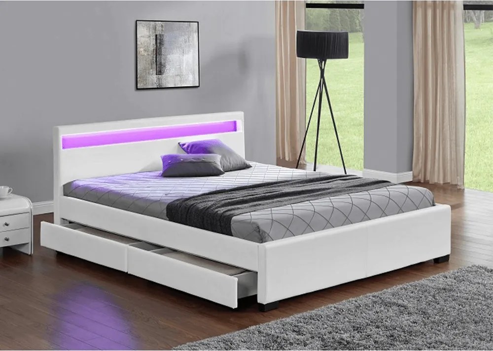 Pat matrimonial, iluminare RGB LED, piele ecologică albă, 160x200, CLARETA