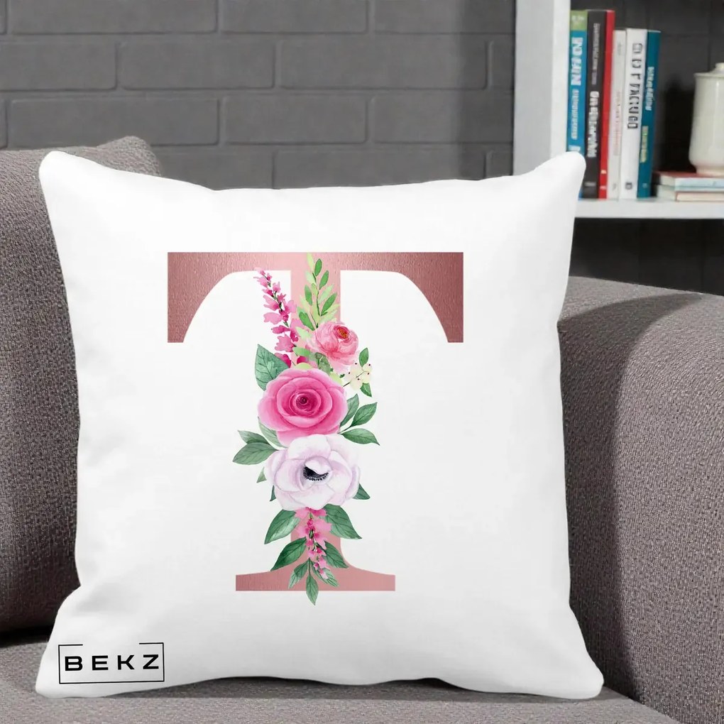 Cadou Personalizat - Perna Personalizata Monograma Rose Gold Litera T, 40x40 cm, Alba Mata, Husa Detasabila, Perna Inclusa, BEKZ®