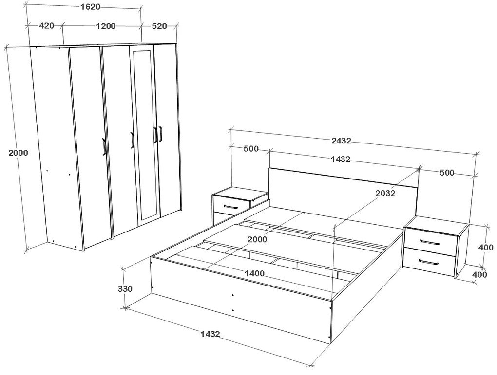 Set haaus V7, Pat 200 x 140 cm, Stejar Alb/Antracit