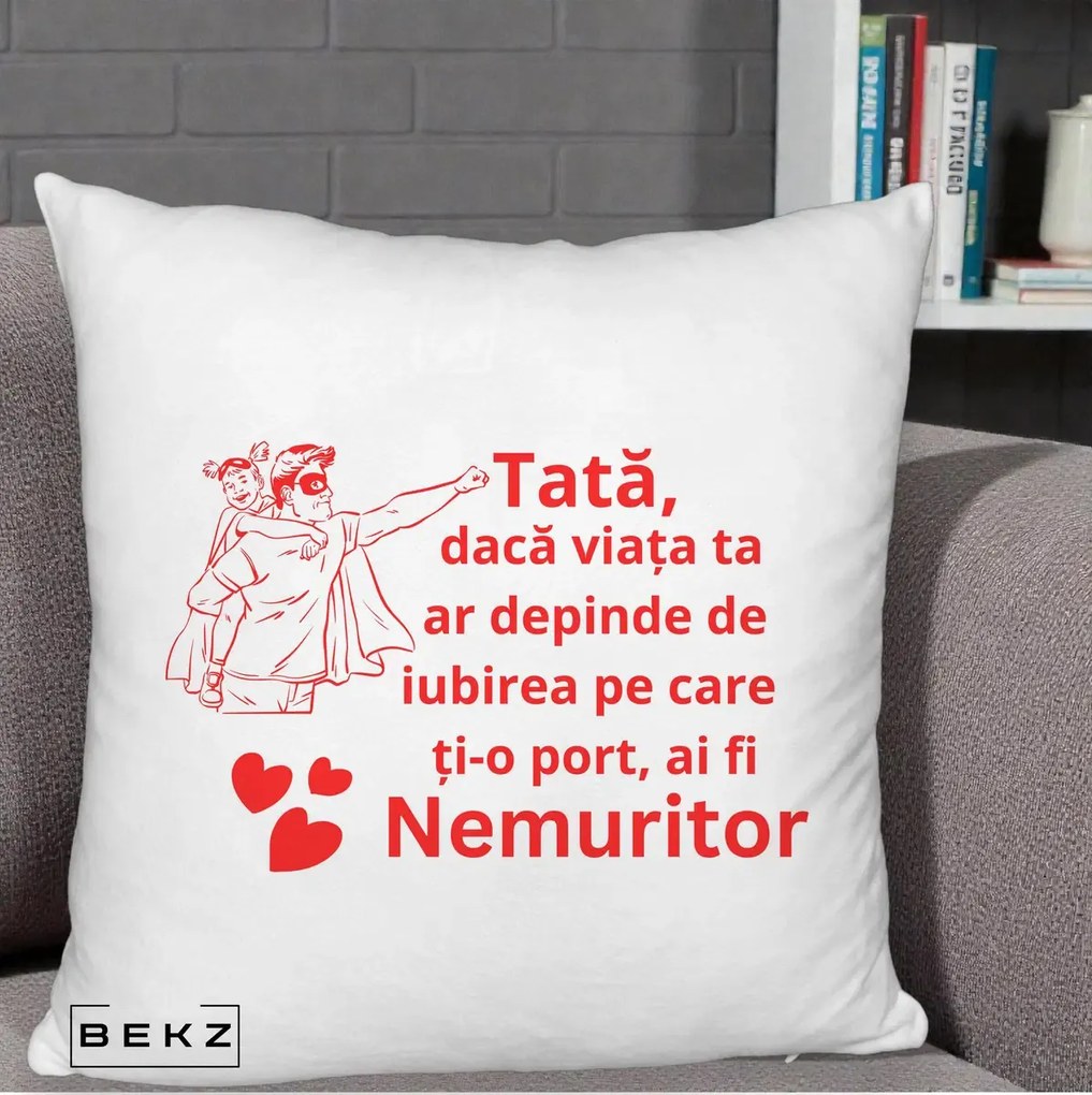 Cadou pentru Tata - Perna Personalizata Tata Nemuritor cu Fetita, 40x40 cm, Alb Pufos, Husa Detasabila, Perna Inclusa, BEKZ®