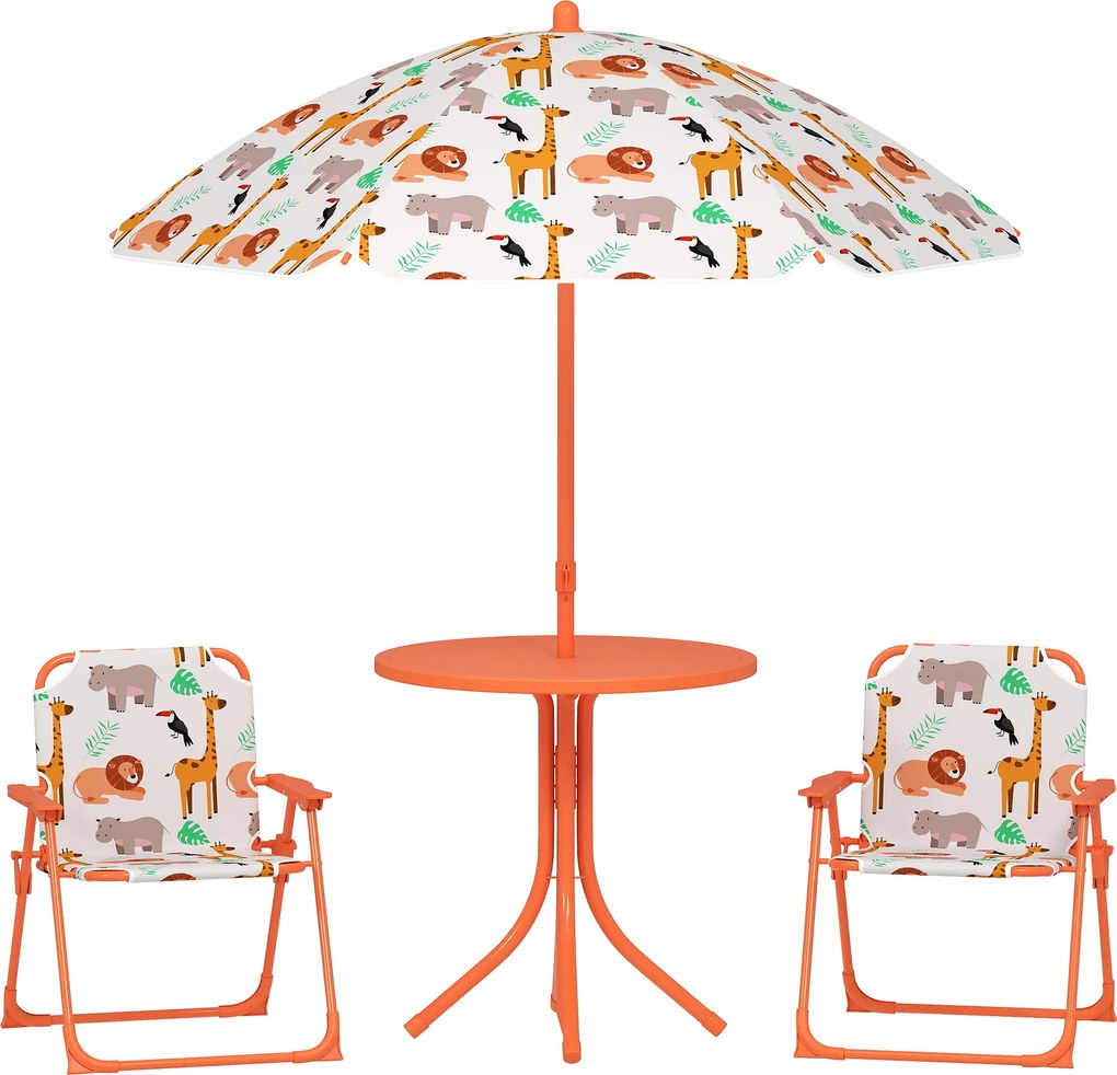 AIYAPLAY Set de Grădină pentru Copii, Masă și Scaune cu Umbrelă, Masă de Picnic pentru Exterior cu 2 Scaune Pliabile pentru Copii de 2-5 Ani, Portocaliu | Aosom Romania