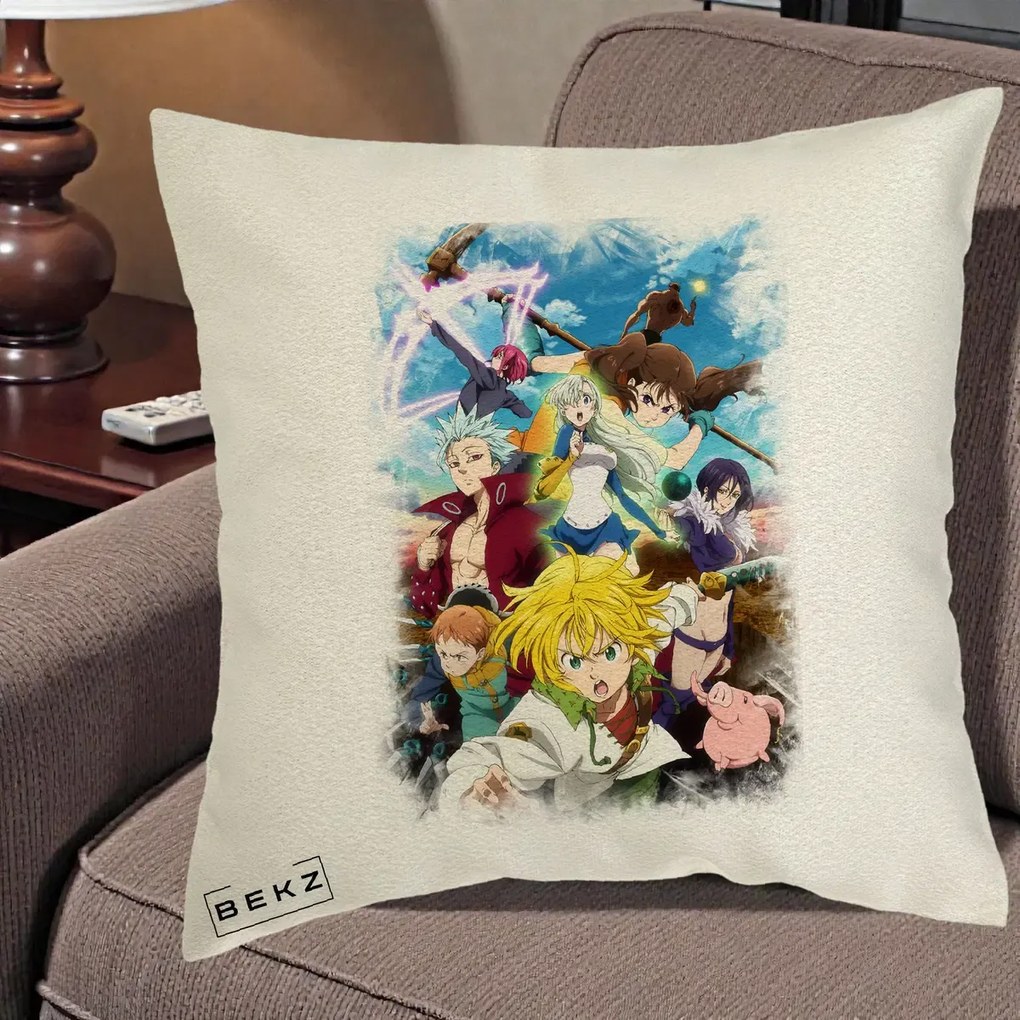 Perna Personalizata Nanatsu no Taizai Cele Sapte Pacate Mortale Anime, 40x40 cm, Ecru, Husa Detasabila, Perna Inclusa, BEKZ®
