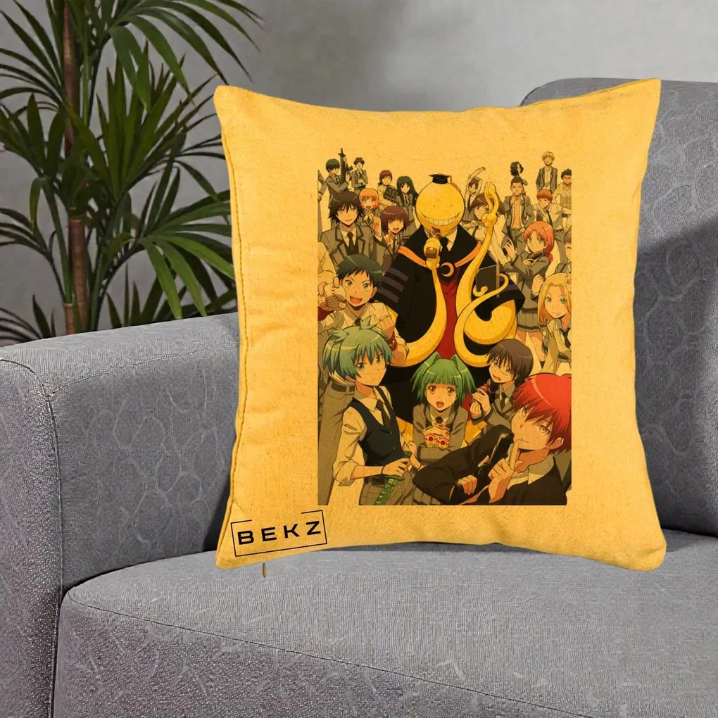 Perna Personalizata Assassination Classroom Grup Complet Anime, 40x40 cm, Galben, Husa Detasabila, Perna Inclusa, BEKZ®