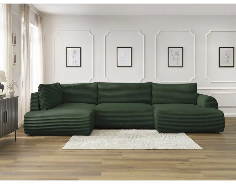 Colțar verde închis extensibil/cu spațiu de depozitare cu tapițerie din catifea reiată (cu colț pe partea stângă/în formă de "U") Lucien – Bobochic Paris