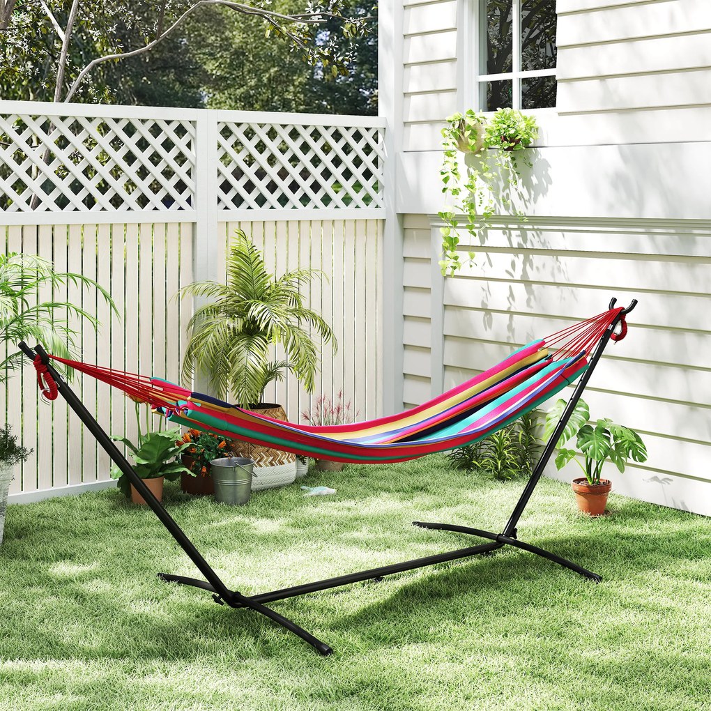 Outsunny Hamac cu Suport 310x117 cm pentru Camping cu Înălțime Reglabilă și Geantă de Transport, Capacitate 120 kg, Dungi Portocalii și Roșii | Aosom Romania