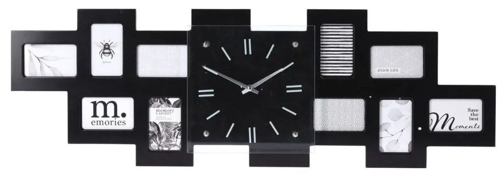 Ceas de perete cu rame foto, tip colaj, 10 fotografii, culoarea negru, MDF, 80x4x26 cm