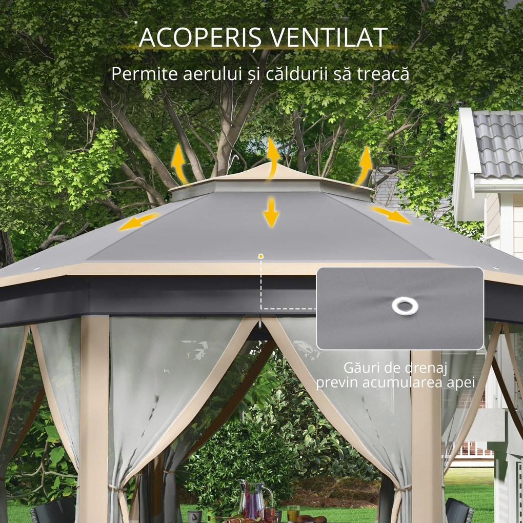 Outsunny Pavilion 4x4m impermeabil pop-up pavilion pliant hexagonal, acoperiș dublu, pavilion de grădină cu 6 părți laterale, cort de petrecere incl. husă de transport, pentru grădină, terasă, festival, Bej+Kaki | Aosom Romania