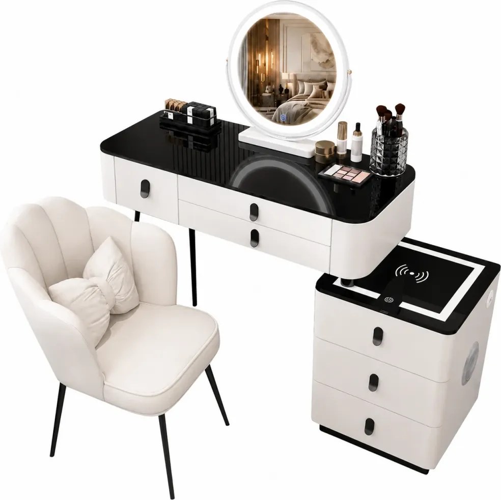 Set MARGOT LONG – Masă de Toaletă pentru Machiaj, Oglindă Alba iluminată LED, Control Touch, 6 sertare, Comoda, Scaun, Difuzor Bluetooth, Zona încărcare fără fir, Alb, 100x40x75 cm
