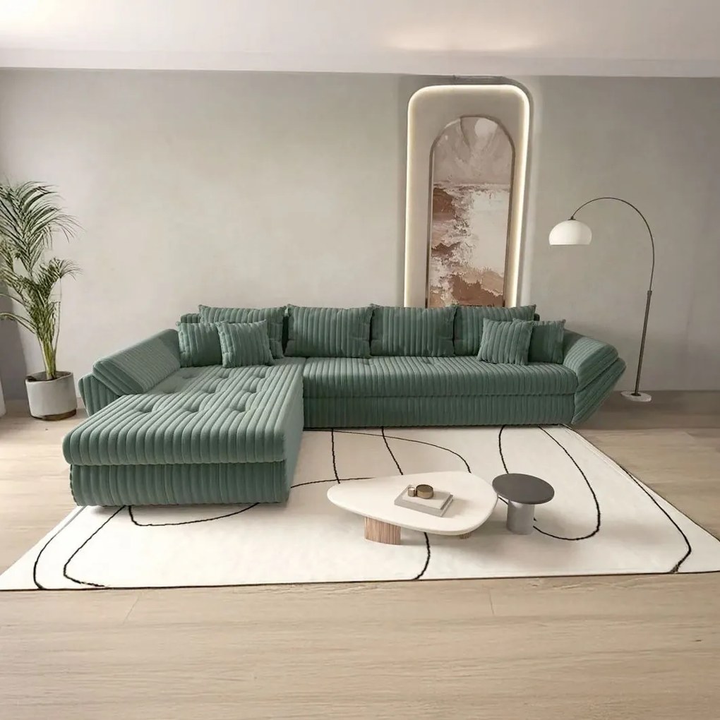 Colțar extensibil dumonde cu ladă de depozitare si sezut confortabil din spuma high-density, Loana XL Ambience Verde 335x185 cm
