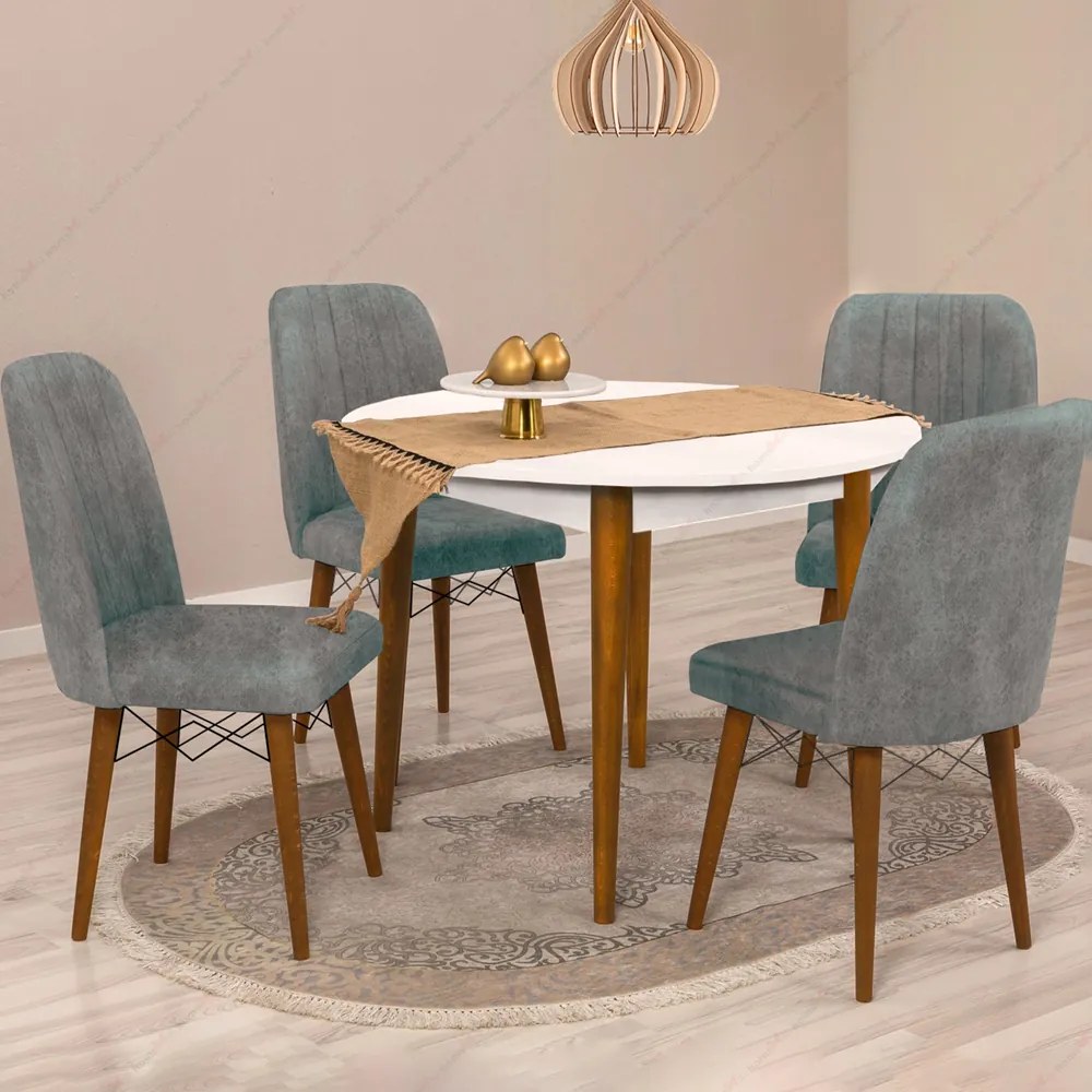 Masa bucatarie rotunda Brigitte, culoare alb si nuc, 90 cm