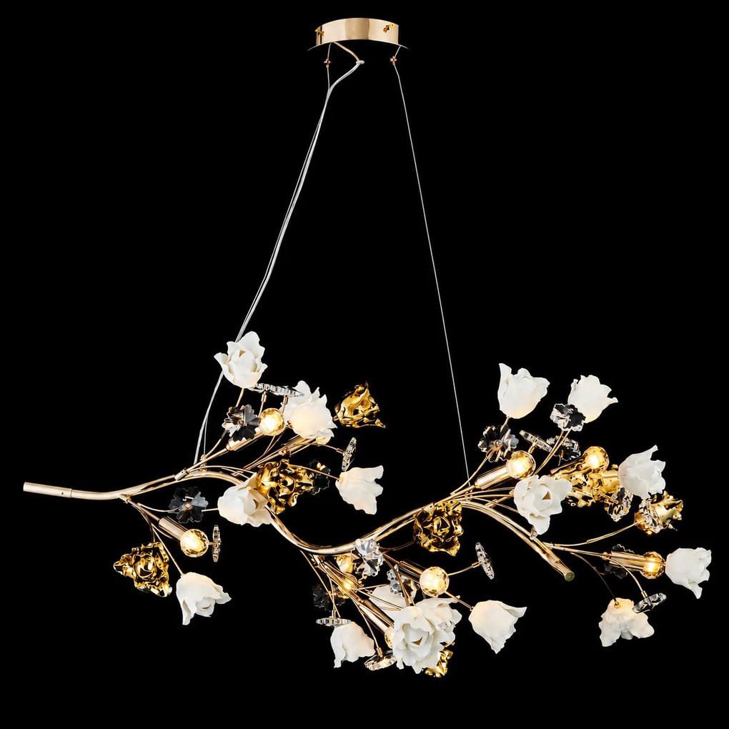 Lustra Rosalia cu Flori Ceramice Tip Creanga, 9 Brate, Finisaj Gold - Bussy Lighting 7220-9PL
