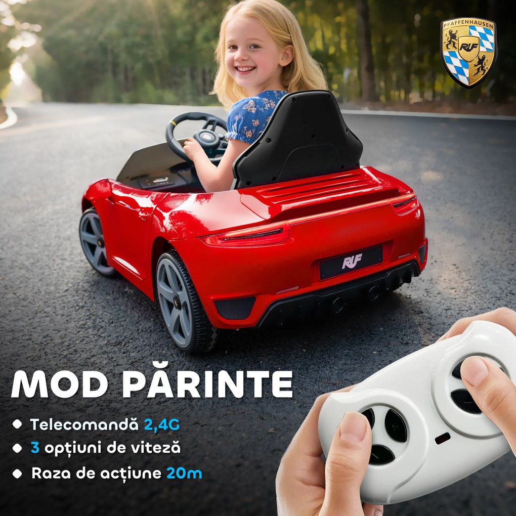 AIYAPLAY Mașină pentru Copii 3-5 Ani cu Licență Oficială RUF GT, Telecomandă, Centură de Siguranță și Muzică, Roșu | Aosom Romania