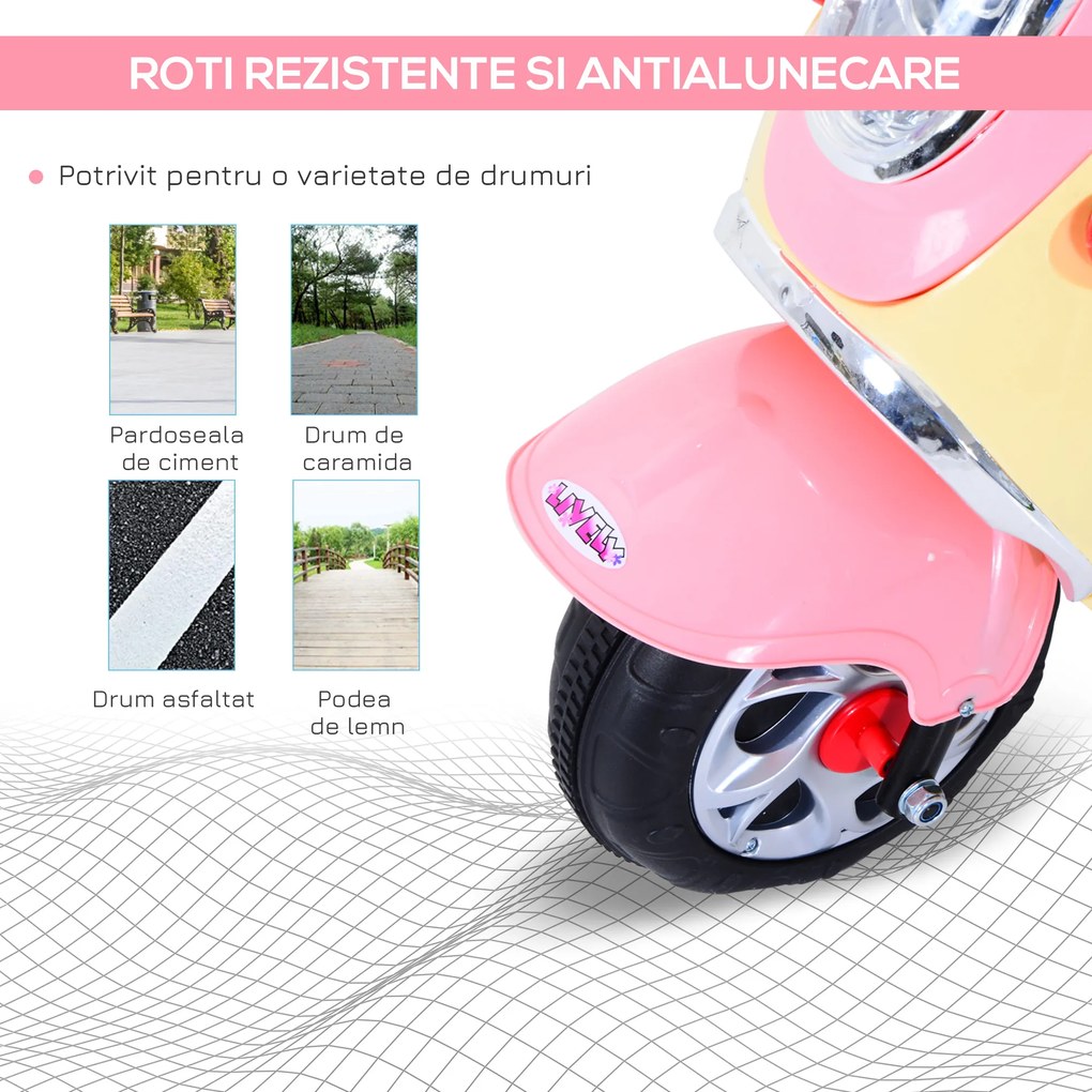 Motoreta Tricicleta Electrica HOMCOM pentru Fetite 6V, Lumini si Muzica, Roz | Aosom Romania