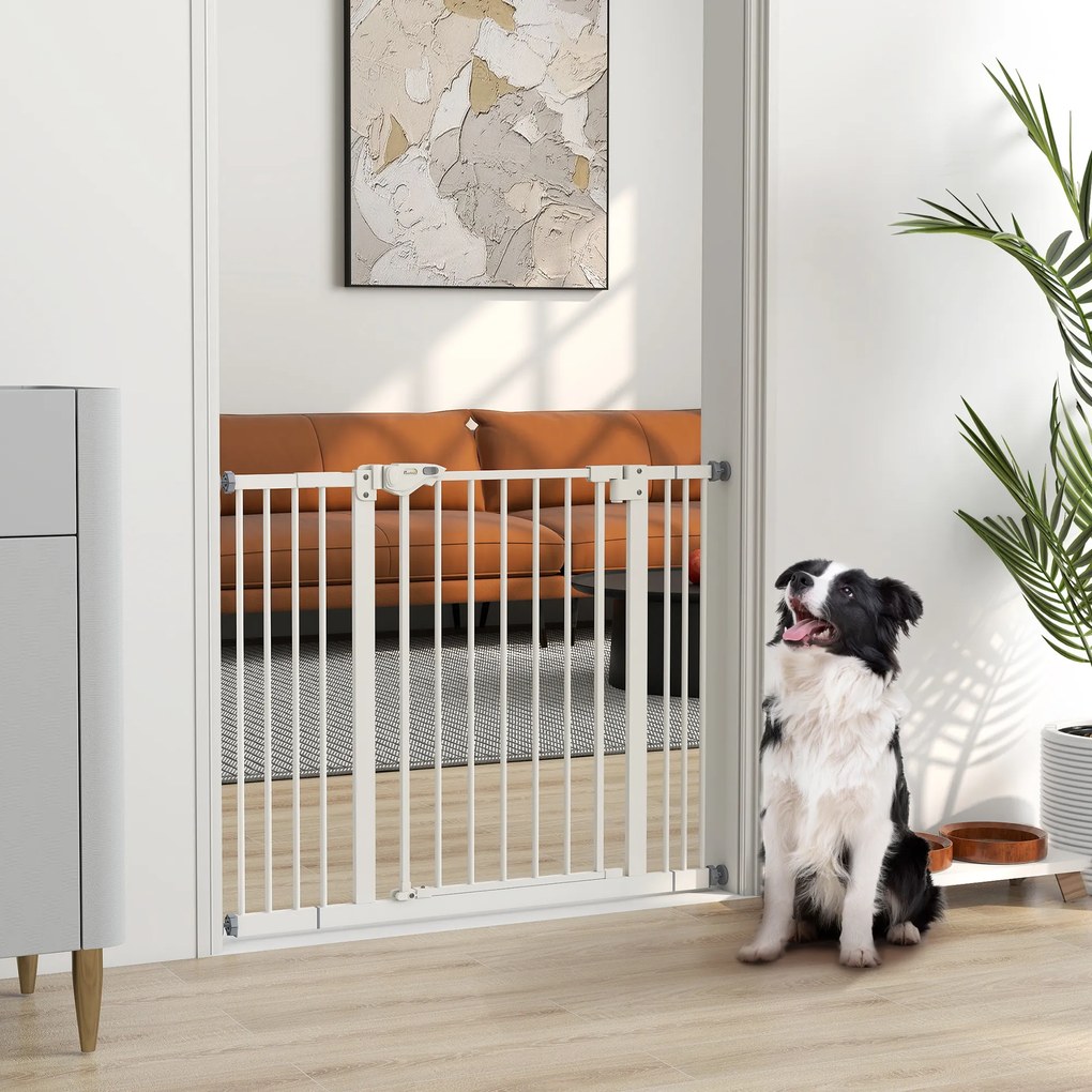 PawHut Poartă Extensibilă pentru Câini fără Șuruburi, Poartă de Siguranță Reglabilă cu 2 Extensii, 94-100 cm, Alb | Aosom Romania
