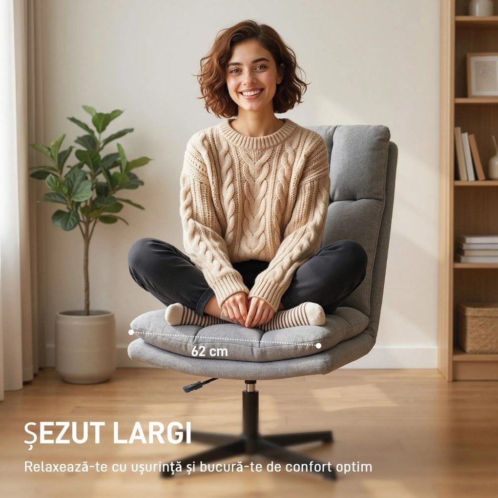 HOMCOM Fotoliu Rotativ de Living din Material Tip In, Fotoliu fără Brațe cu Șezut Spațios și Picioare din Metal, Gri Deschis | Aosom Romania