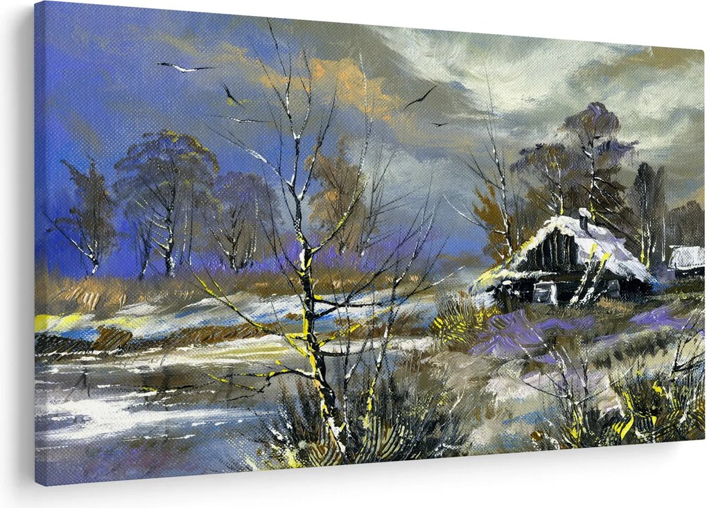 Tablou -Cabane într-un peisaj de iarnă, pictură în ulei (90x60 cm)