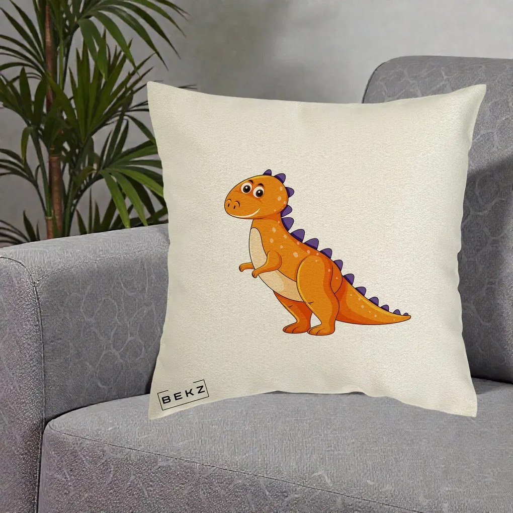 Perna Decorativa T-Rex Portocaliu, 40x40 cm, Ecru, Husa Detasabila, Perna Inclusa, BEKZ®