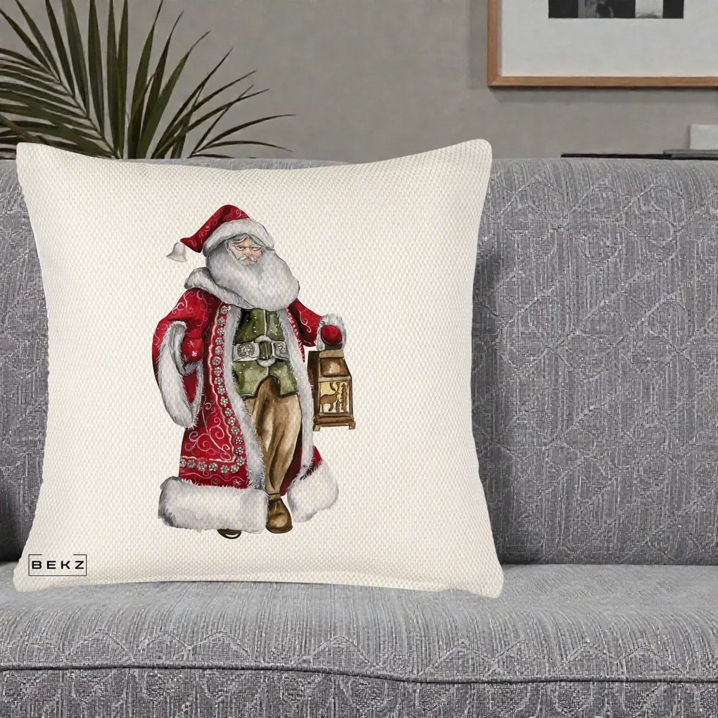 Perna Decorativa Mos Craciun Vintage cu Felinar, 40x40 cm, Crem Reliefat, Husa Detasabila, Perna Inclusa, BEKZ®