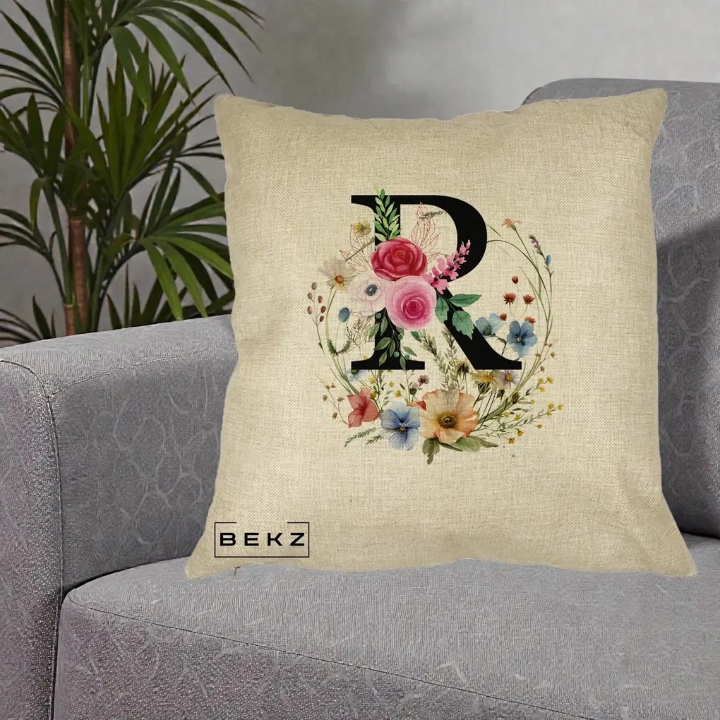 Cadou Personalizat - Perna Personalizata Monogram Litera R cu Flori Acuarela, 40x40 cm, Crem, Husa Detasabila, Perna Inclusa, BEKZ®