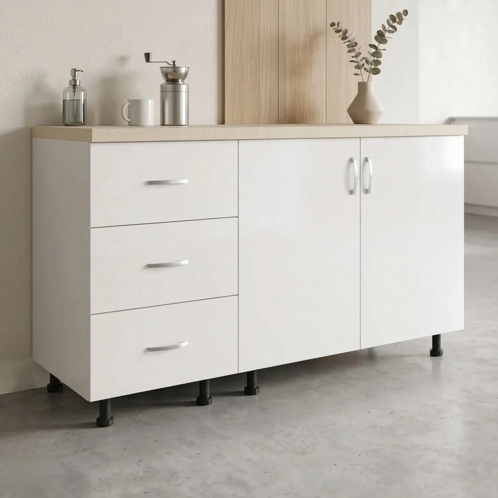 Corp Bucatarie Inferior L100 x A50 x H90cm, Culoare Alb, PAL 18mm, Blat termorezistent 2,8 cm