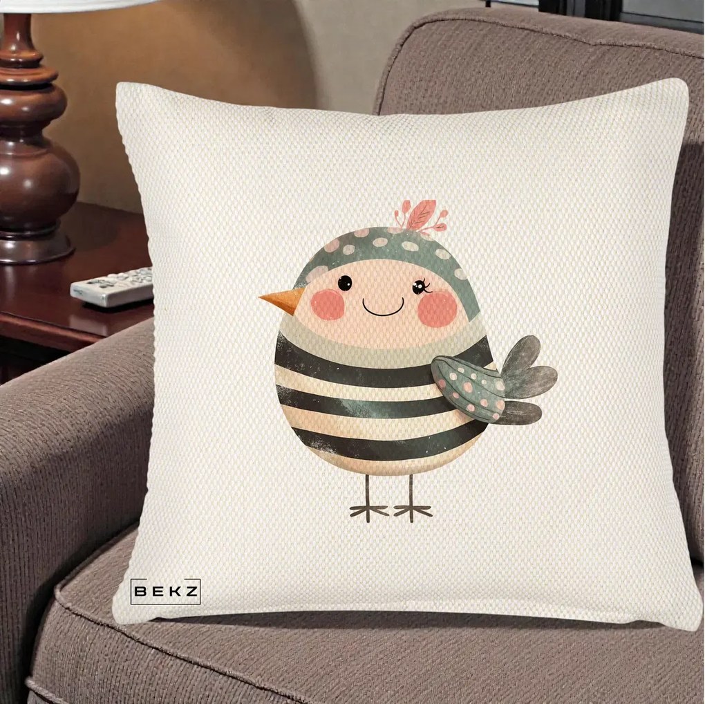 Perna Decorativa Pui Kawaii Teal cu Flori, 40x40 cm, Crem Reliefat, Husa Detasabila, Perna Inclusa, BEKZ®