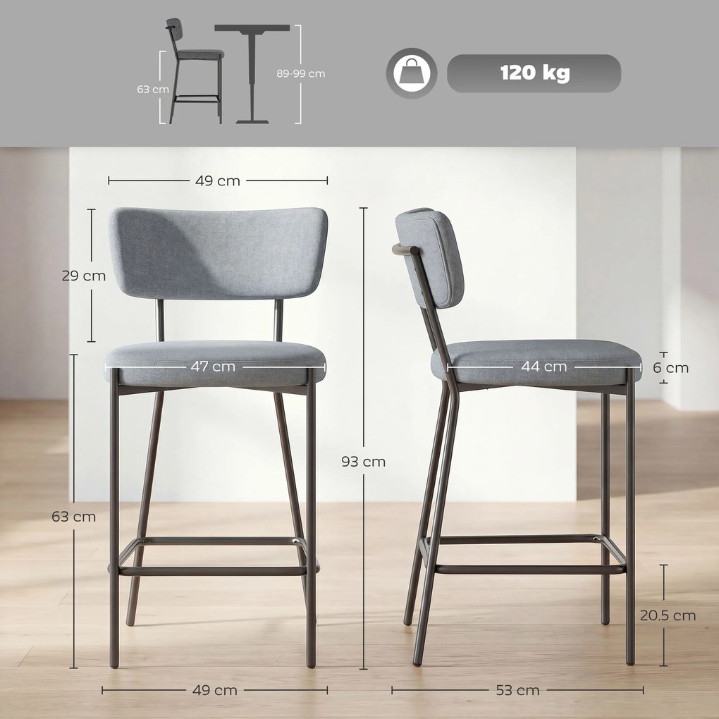 HOMCOM Set de 2 Scaune de Bar cu Spătar și Tapițate, Scaune Înalte din Material Textil cu Bară pentru Sprijinirea Picioarelor și Structură Metalică, Ușor de Asamblat, Gri Deschis | Aosom Romania